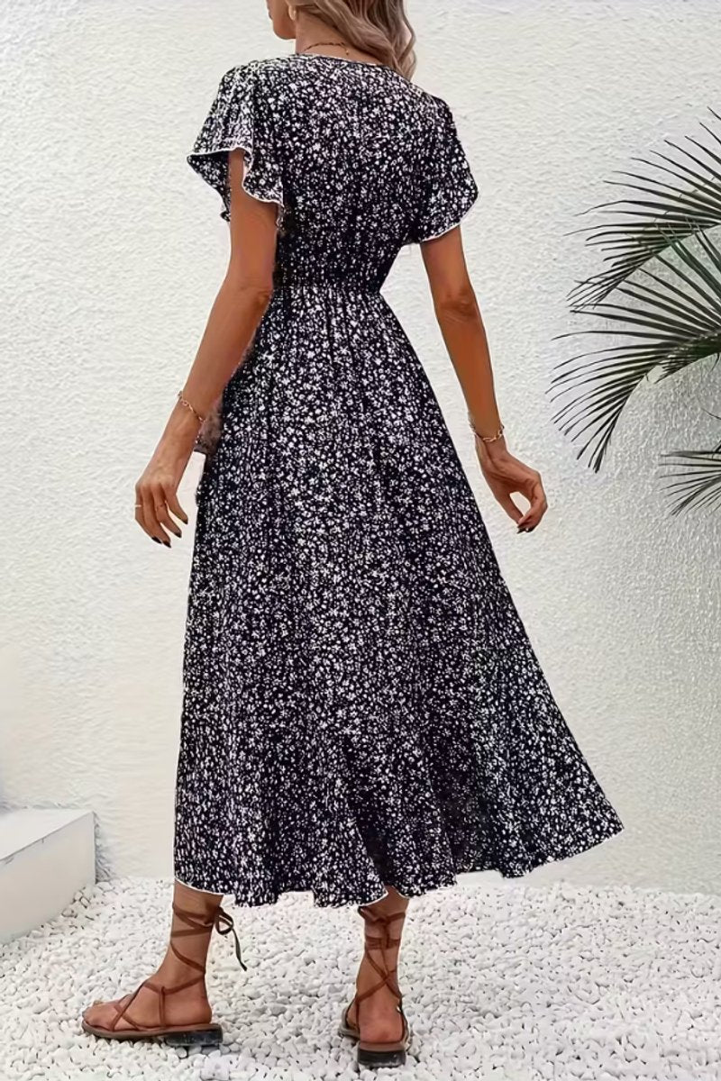 Women's Floral Wrap Midi Evening Gown Short-Sleeve Dress