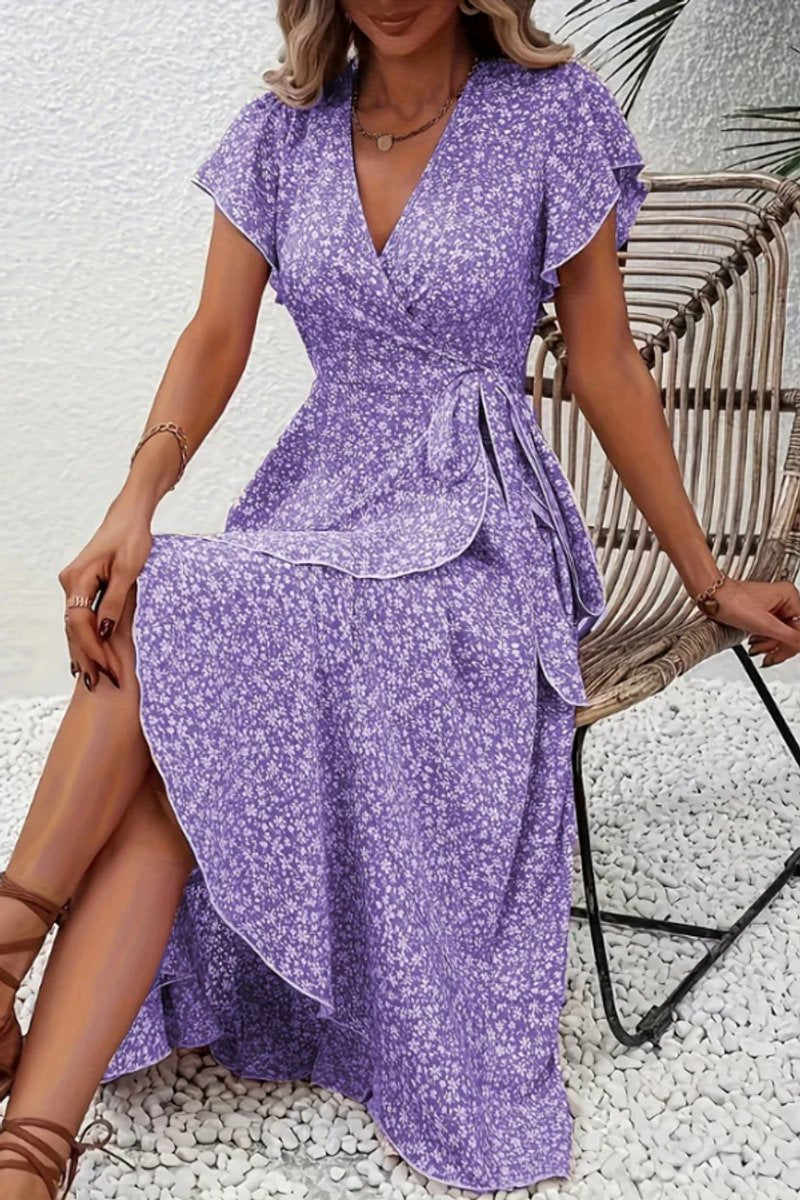 Women's Floral Wrap Midi Evening Gown Short-Sleeve Dress - Purple