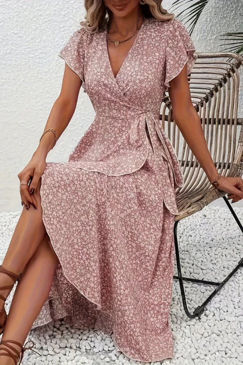 Women's Floral Wrap Midi Evening Gown Short-Sleeve Dress - Pink