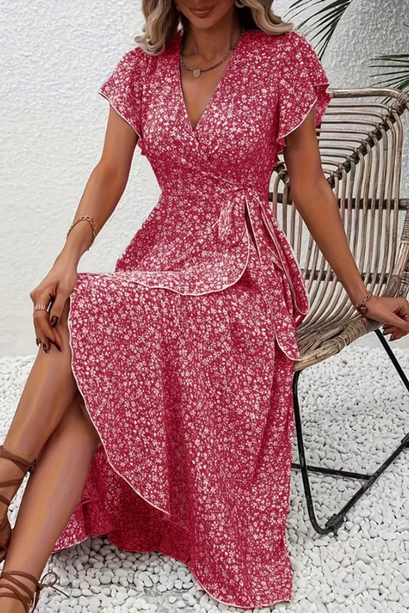 Women's Floral Wrap Midi Evening Gown Short-Sleeve Dress - Pink 2