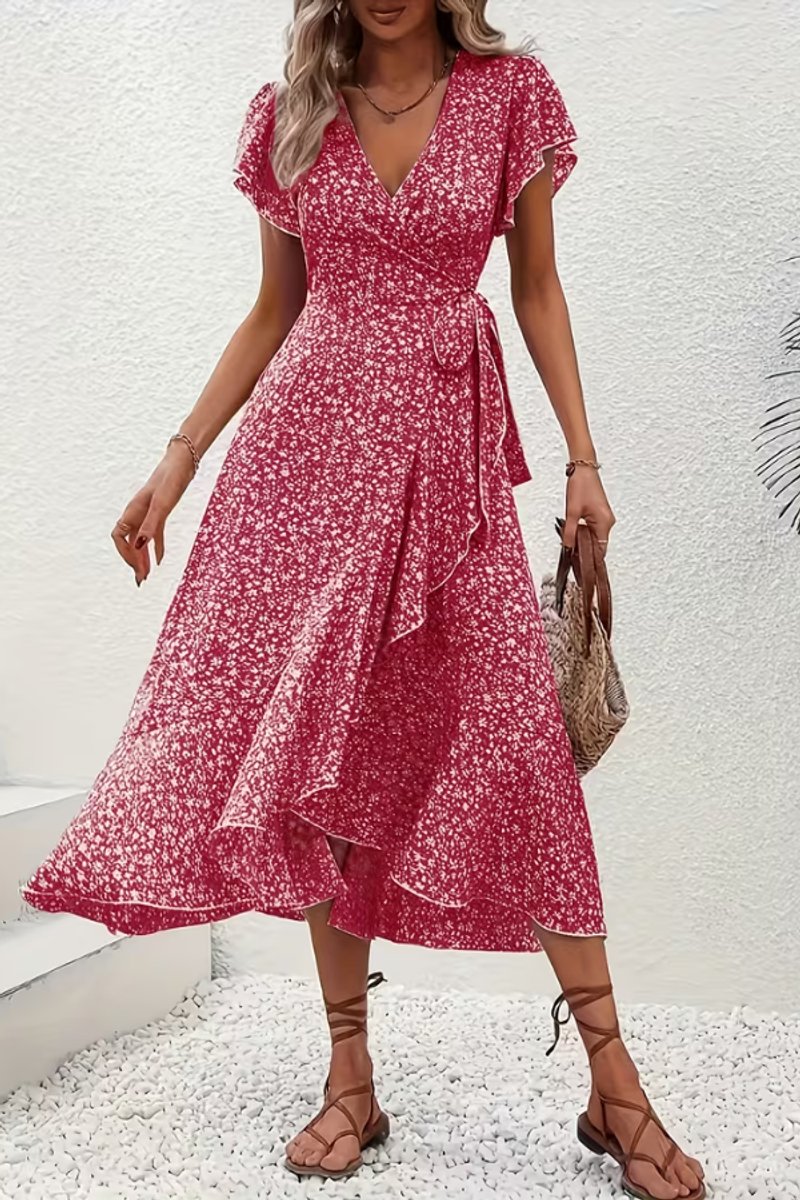 Women's Floral Wrap Midi Evening Gown Short-Sleeve Dress