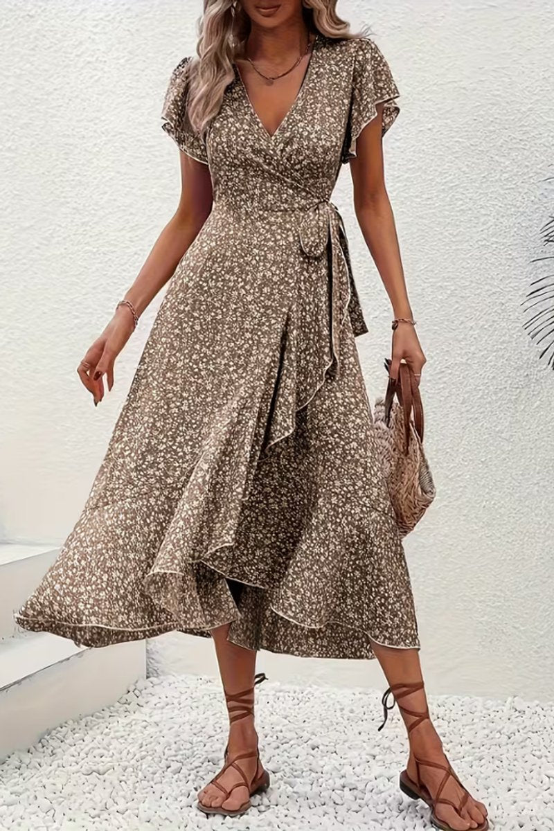 Women's Floral Wrap Midi Evening Gown Short-Sleeve Dress