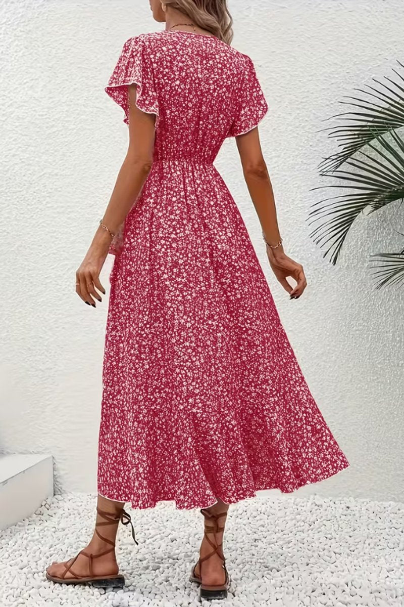 Women's Floral Wrap Midi Evening Gown Short-Sleeve Dress