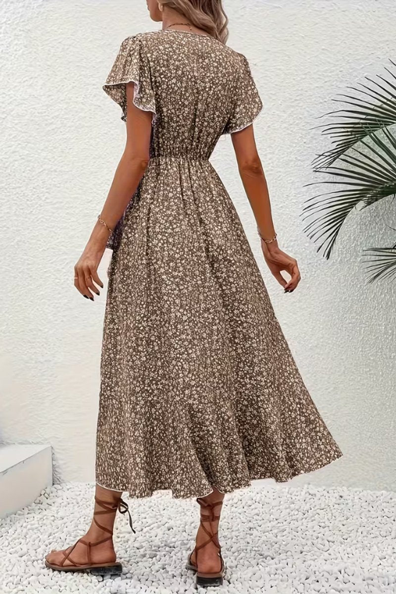 Women's Floral Wrap Midi Evening Gown Short-Sleeve Dress