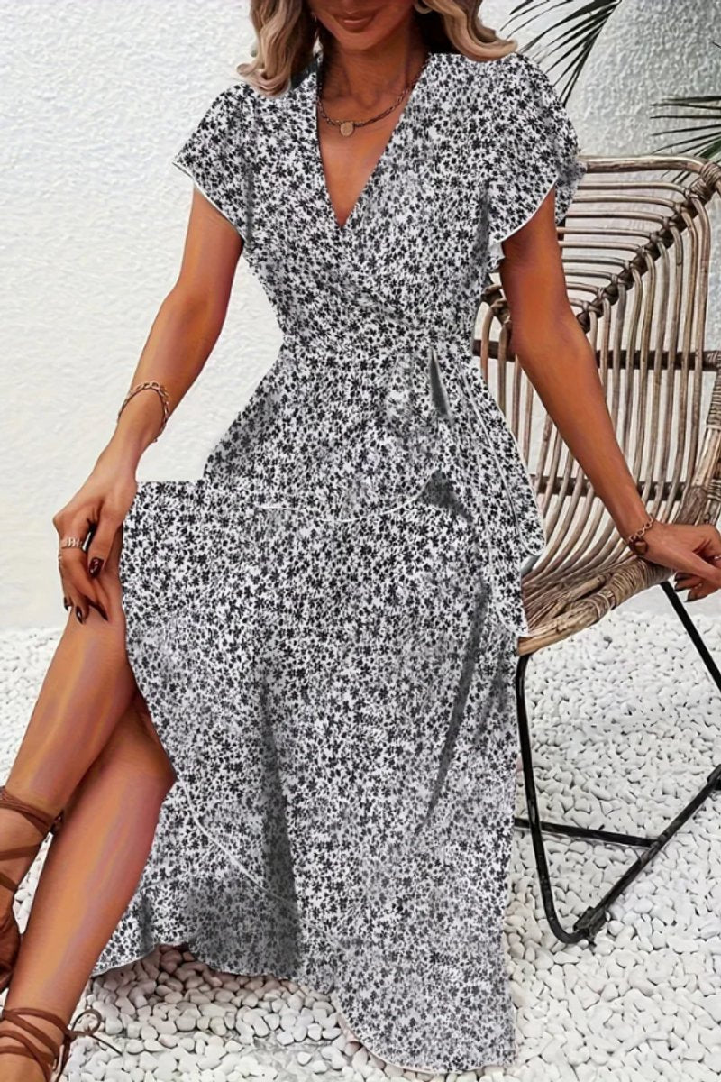 Women's Floral Wrap Midi Evening Gown Short-Sleeve Dress - Black And White