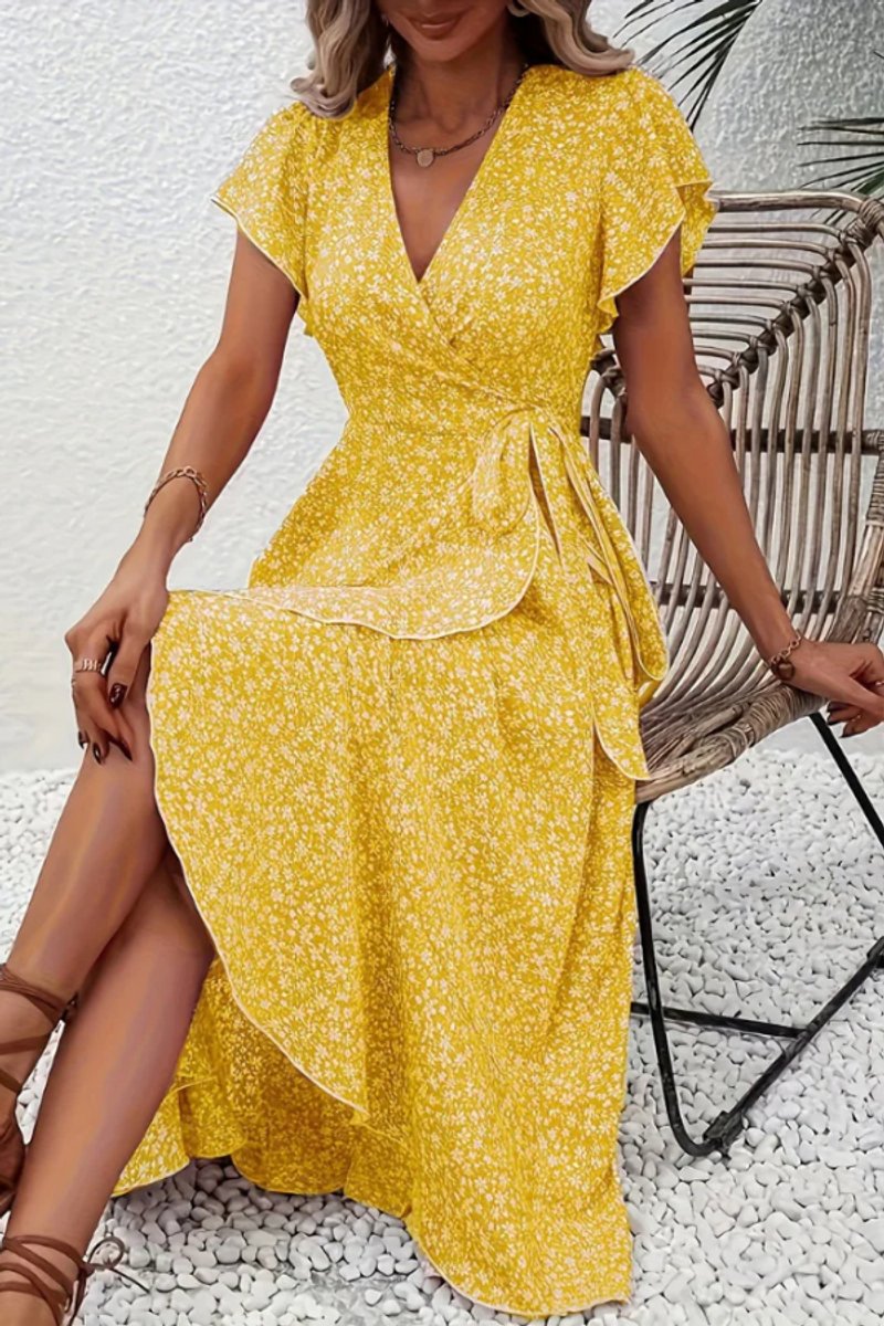 Women's Floral Wrap Midi Evening Gown Short-Sleeve Dress - Yellow
