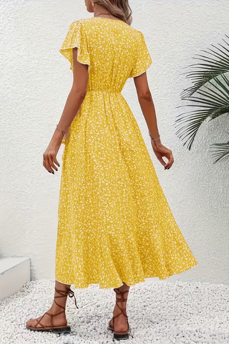 Women's Floral Wrap Midi Evening Gown Short-Sleeve Dress