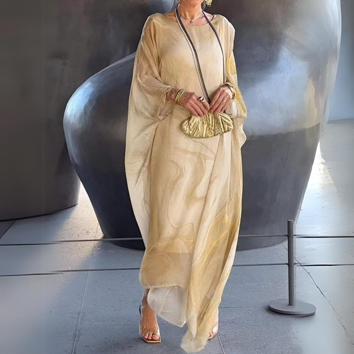 Women's Flowing Maxi Long Sleeve Dress Round Neck Caftan - Yellow