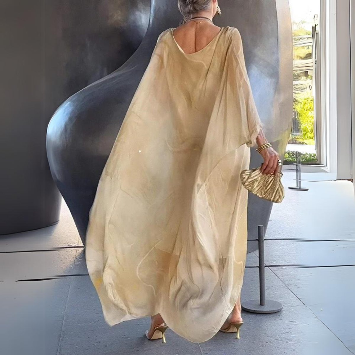 Women's Flowing Maxi Long Sleeve Dress Round Neck Caftan