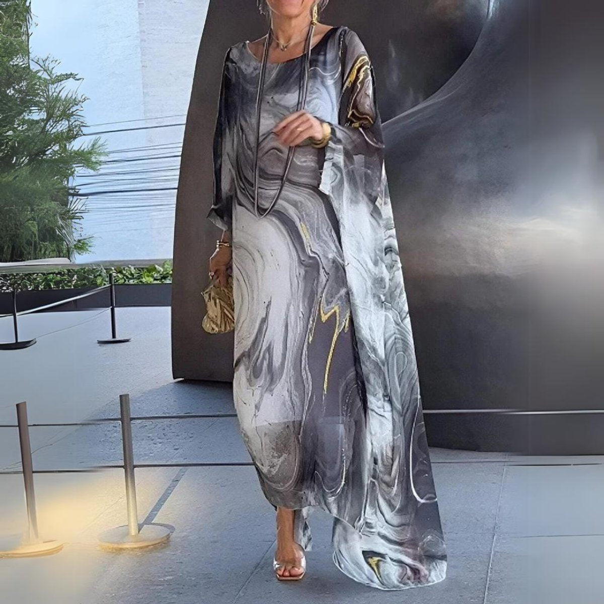 Women's Flowing Maxi Long Sleeve Dress Round Neck Caftan