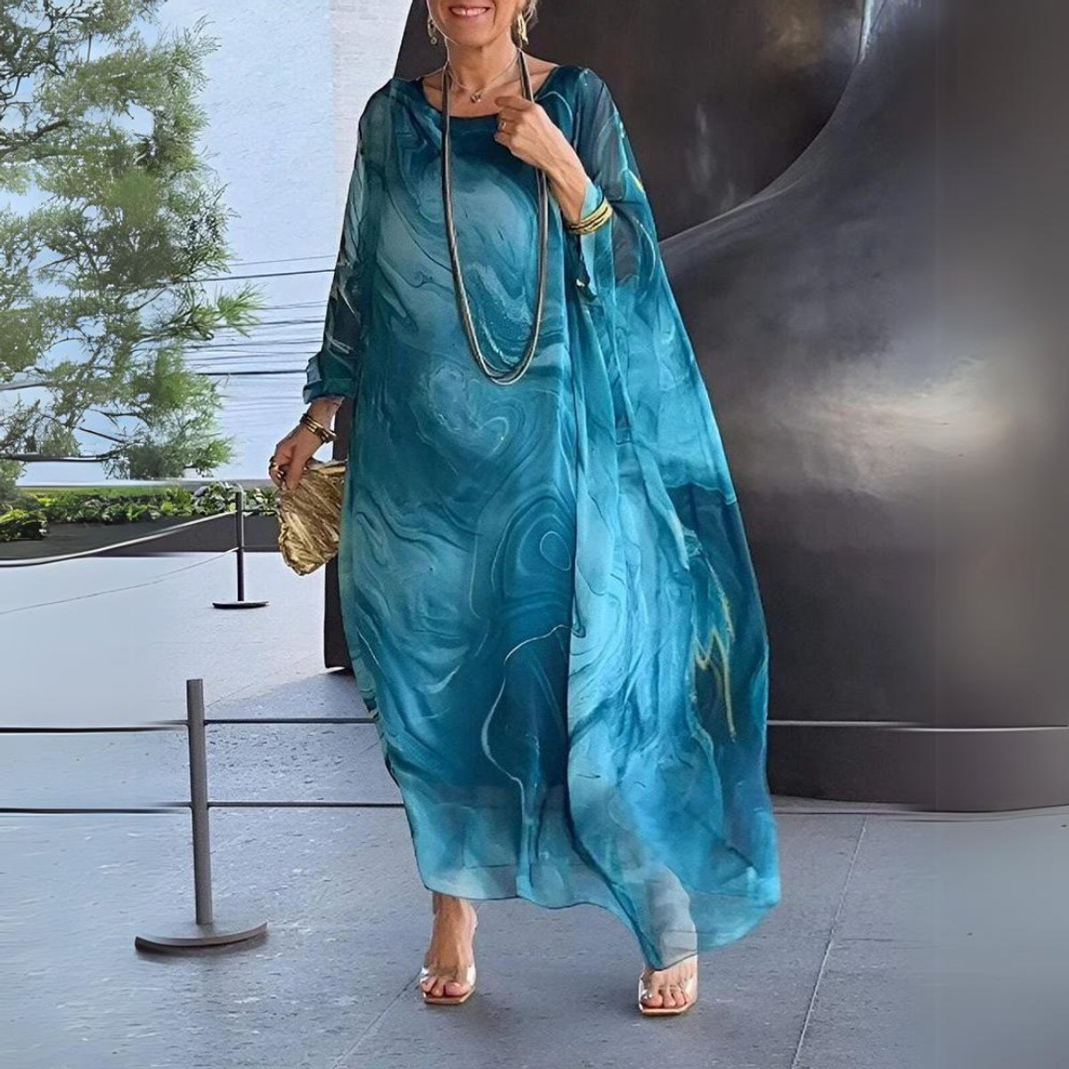 Women's Flowing Maxi Long Sleeve Dress Round Neck Caftan