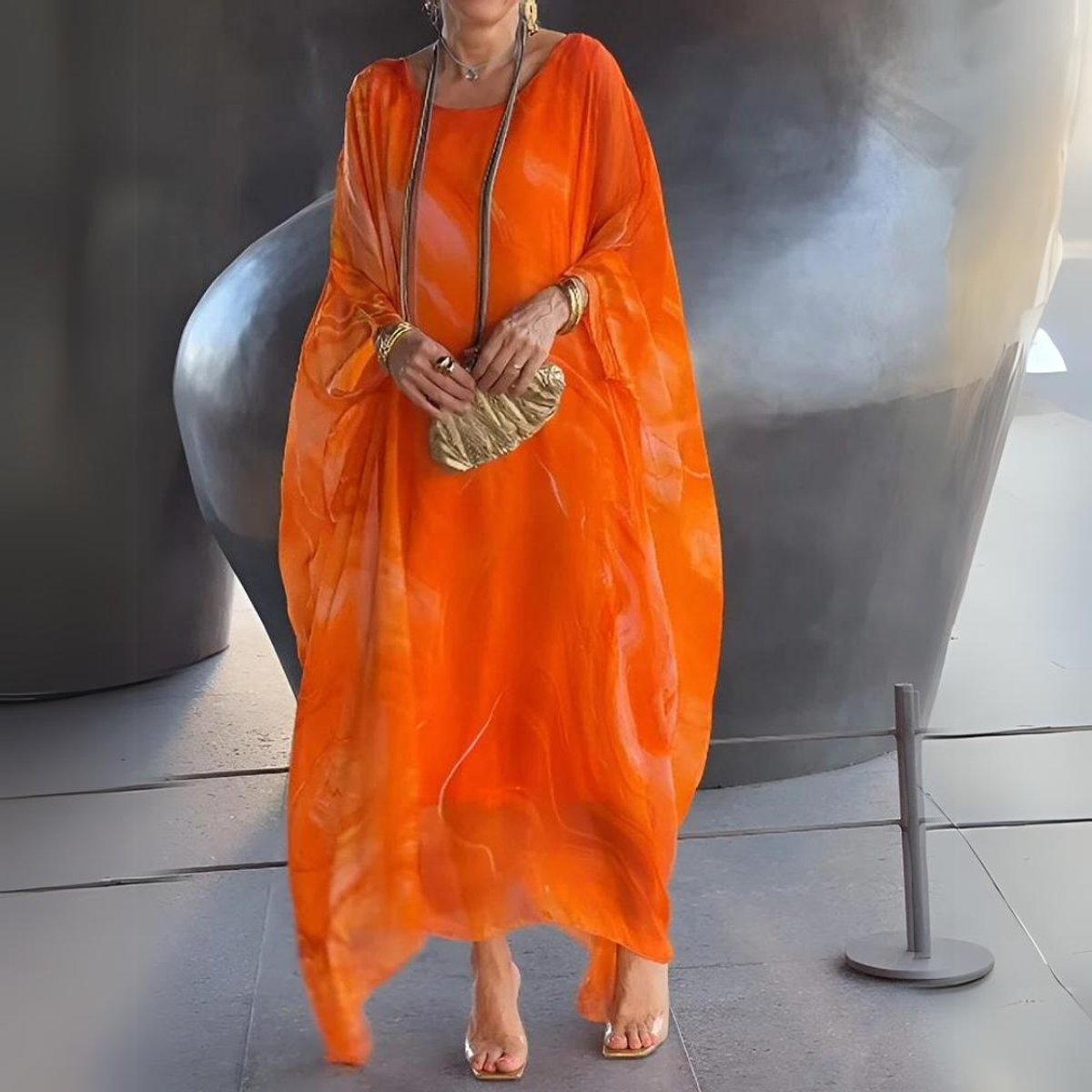 Women's Flowing Maxi Long Sleeve Dress Round Neck Caftan - Orange