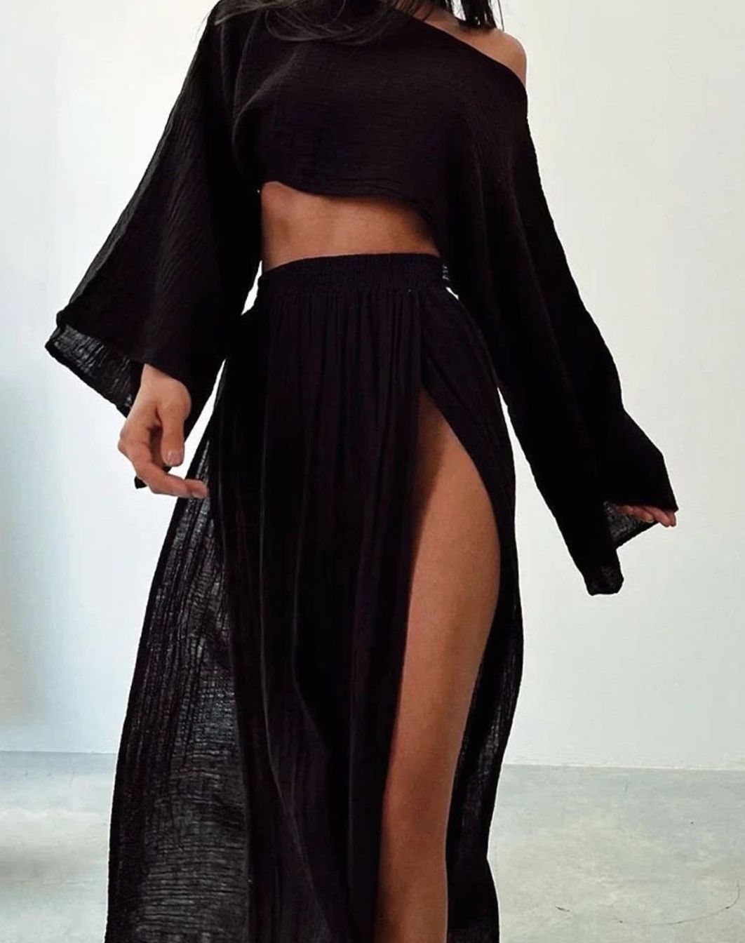 Women's Flowy Crop Top High-Waist Maxi Split Skirt Co-ord Set - Black
