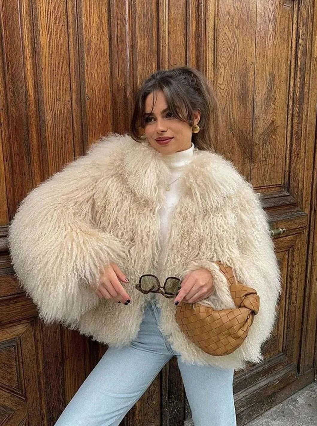 Women's Fluffy Faux Fur Coat - Light Brown