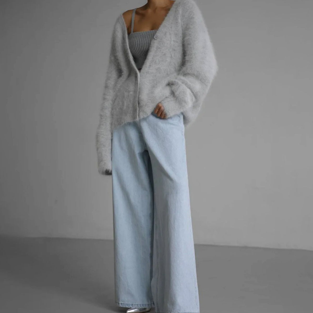 Women's Fluffy Mohair Blend V-Neck Button-Up Cardigan
