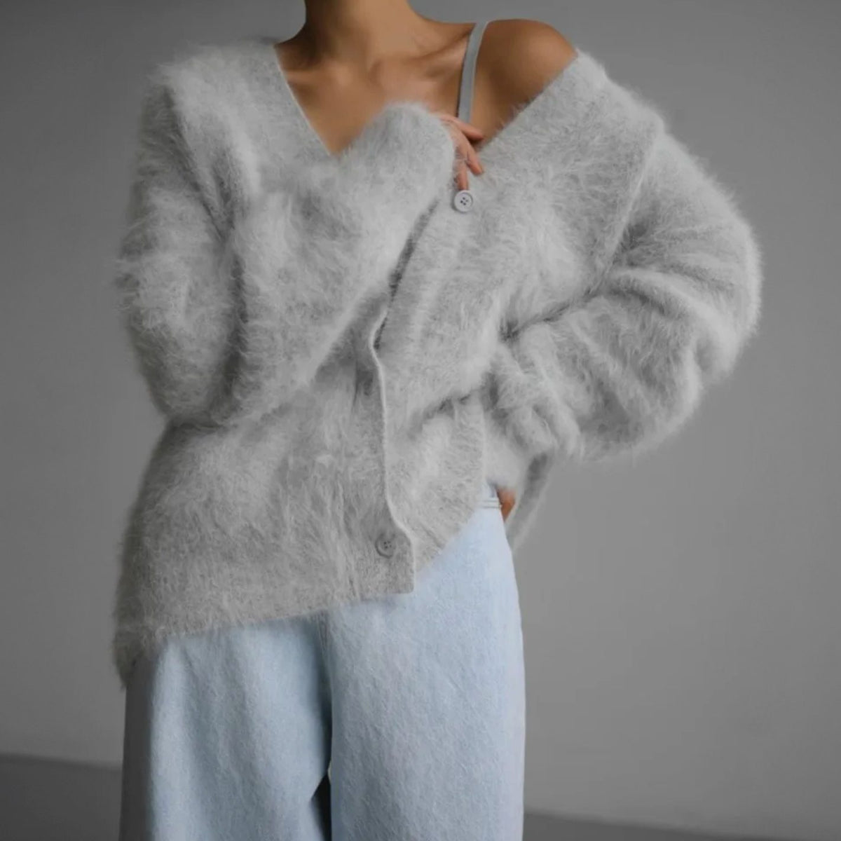Women's Fluffy Mohair Blend V-Neck Button-Up Cardigan - Sterling Grey
