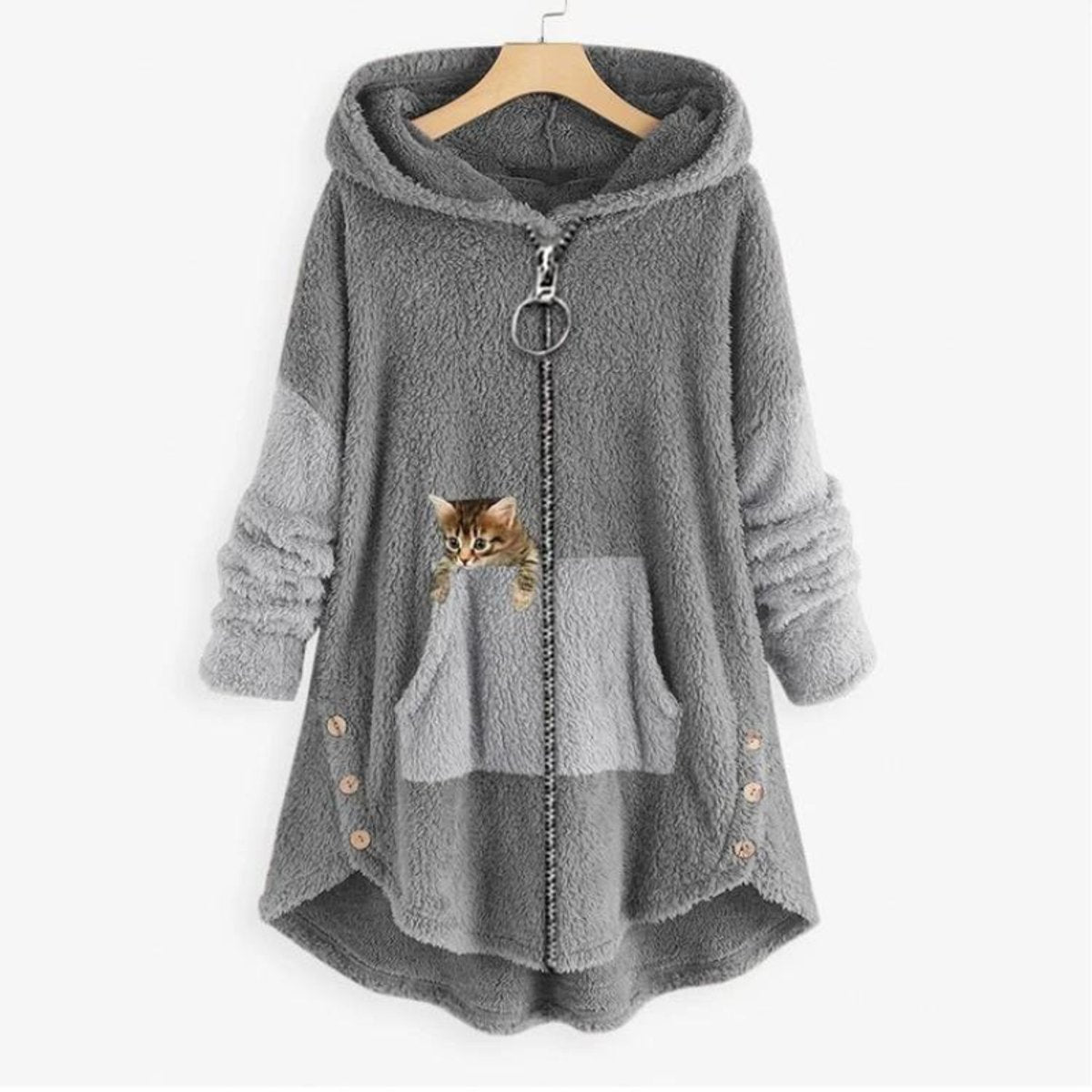 Women's Fluffy Plush Zip-Up Hooded Sweater Cat Pocket - Grey