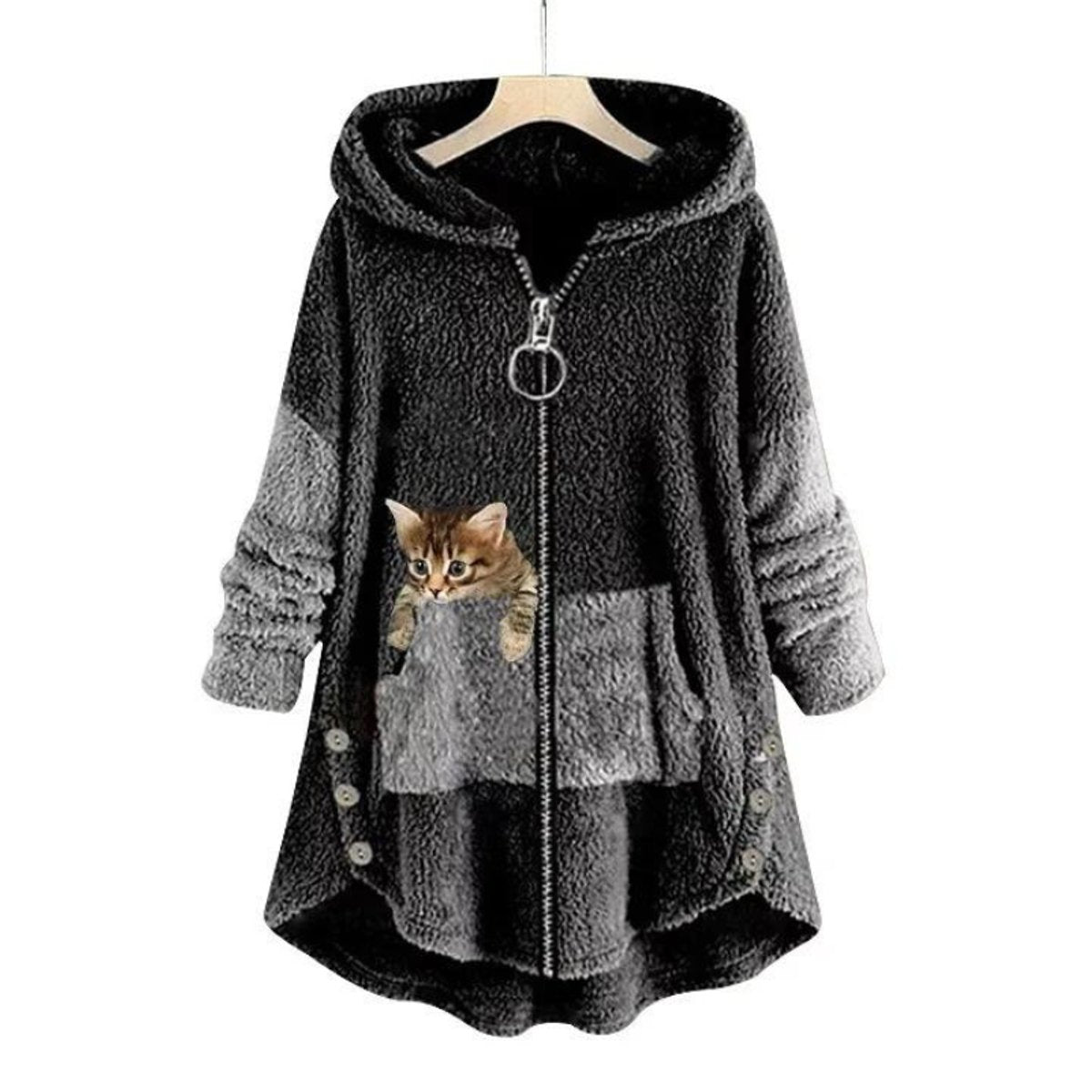 Women's Fluffy Plush Zip-Up Hooded Sweater Cat Pocket - Dark Grey