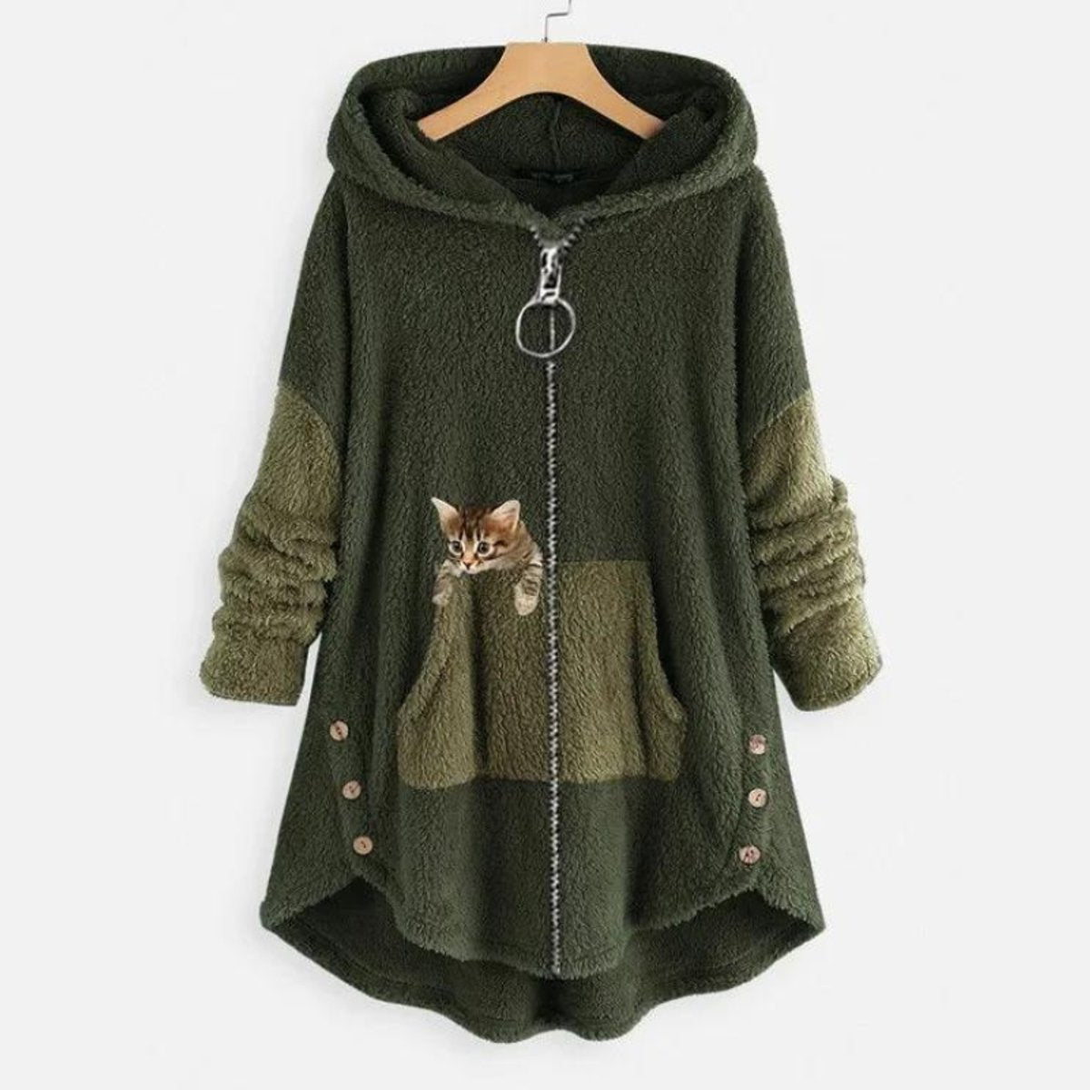 Women's Fluffy Plush Zip-Up Hooded Sweater Cat Pocket - Green