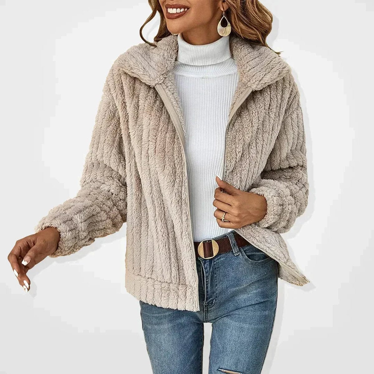 Women's Fluffy Plush Zip-Up Teddy Cardigan Jacket - Beige