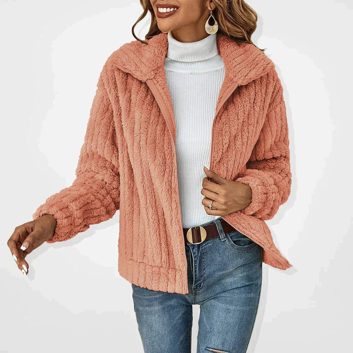 Women's Fluffy Plush Zip-Up Teddy Cardigan Jacket - Pink