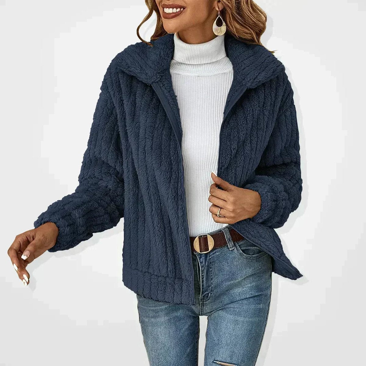 Women's Fluffy Zip-Up Teddy Fleece Jacket Quilted Texture - Navy Blue
