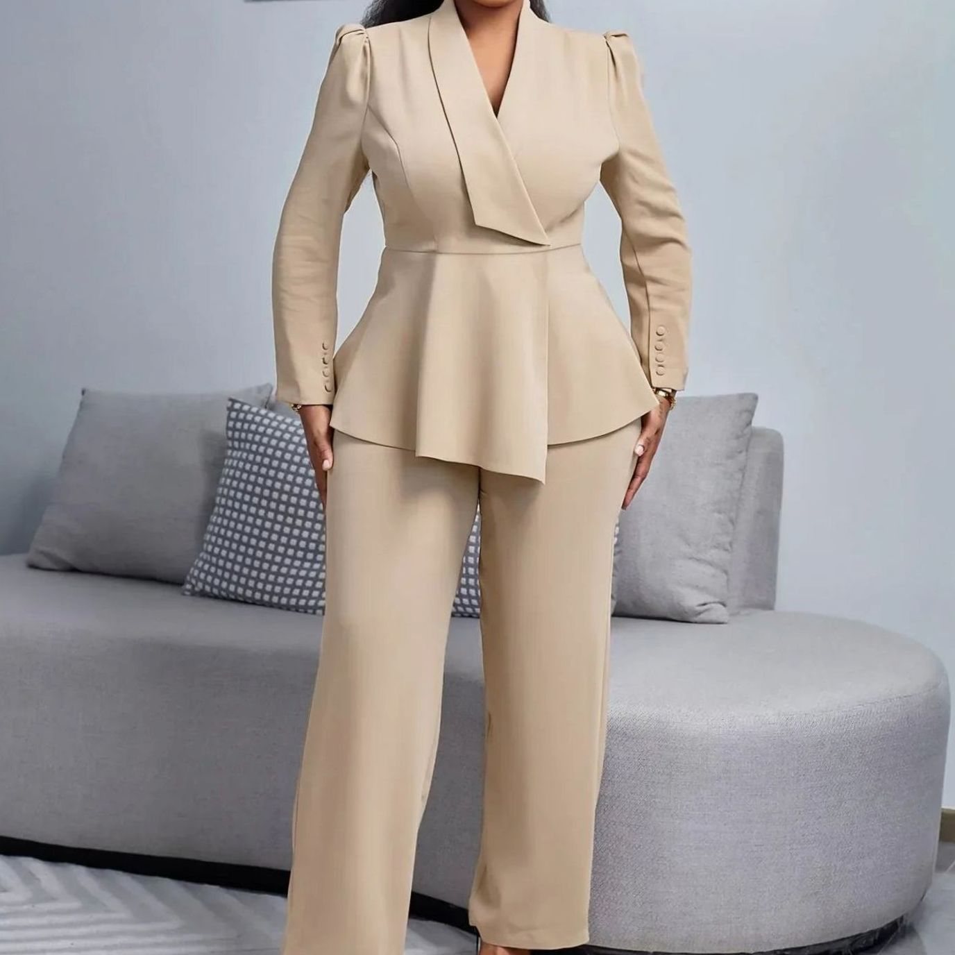 Women's Formal Peplum Blazer Suit Set Wide-Leg Trousers - Khaki