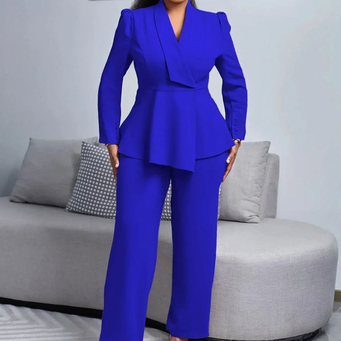Women's Formal Peplum Blazer Suit Set Wide-Leg Trousers - Royal Blue