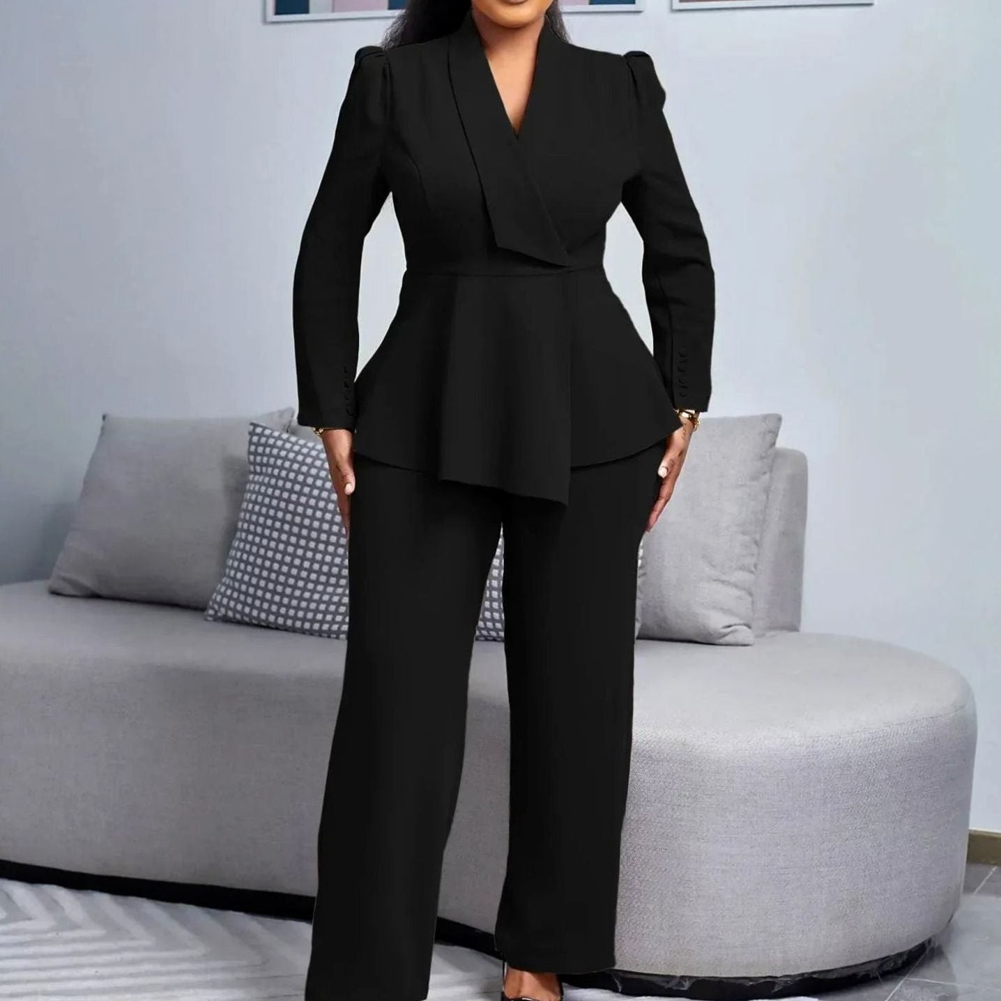 Women's Formal Peplum Blazer Suit Set Wide-Leg Trousers - Black