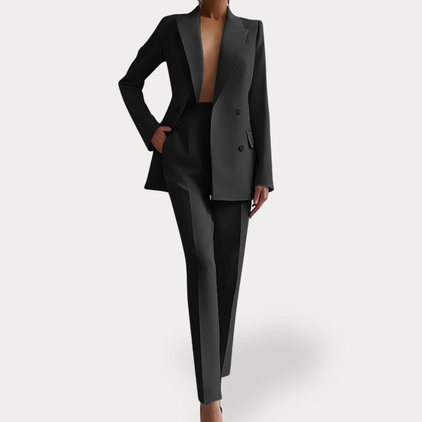 Women's Formal Tailored Double-Breasted Blazer Suit Set - Black