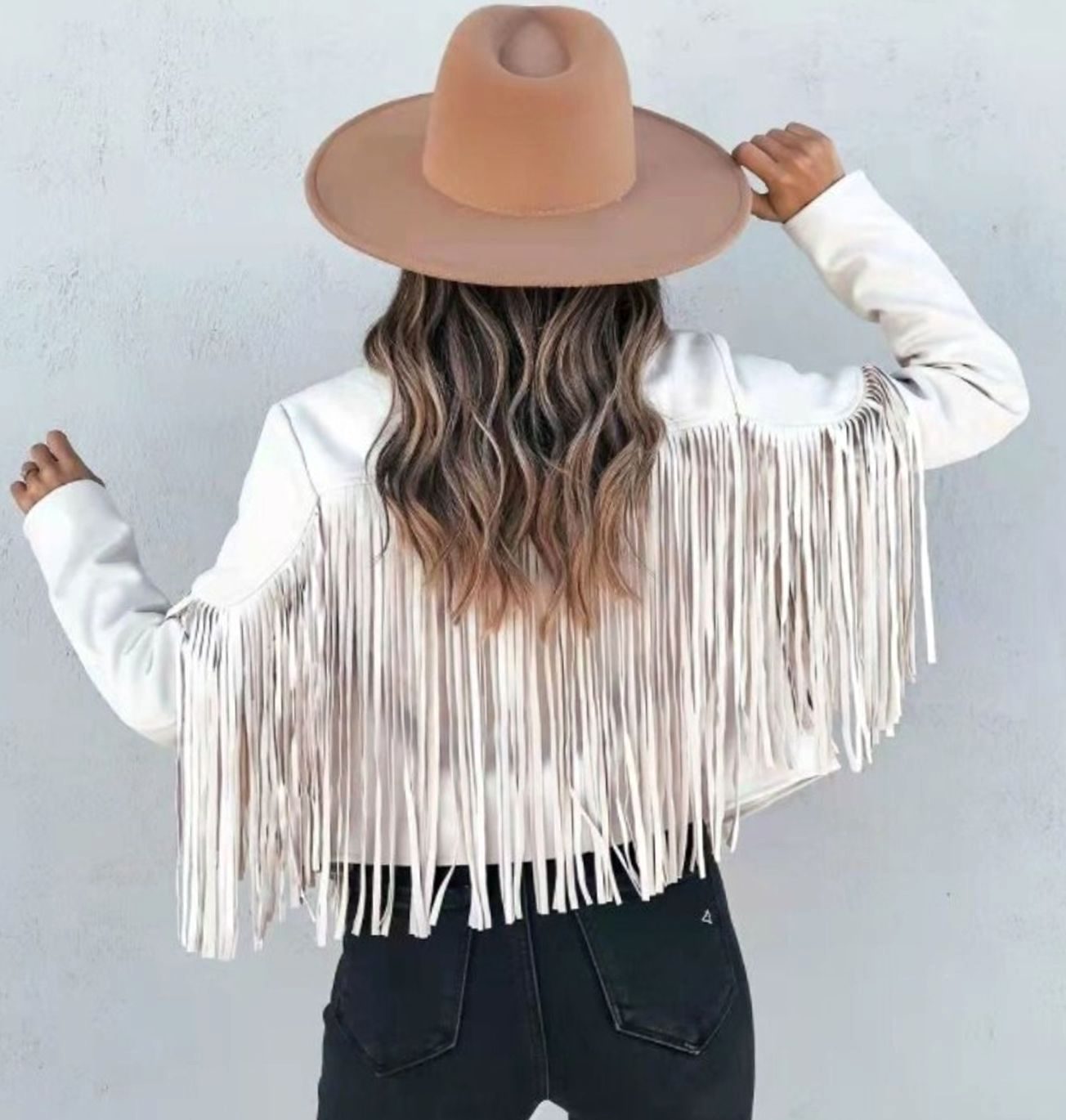 Women's Fringed Suede Cropped Moto Jacket - White