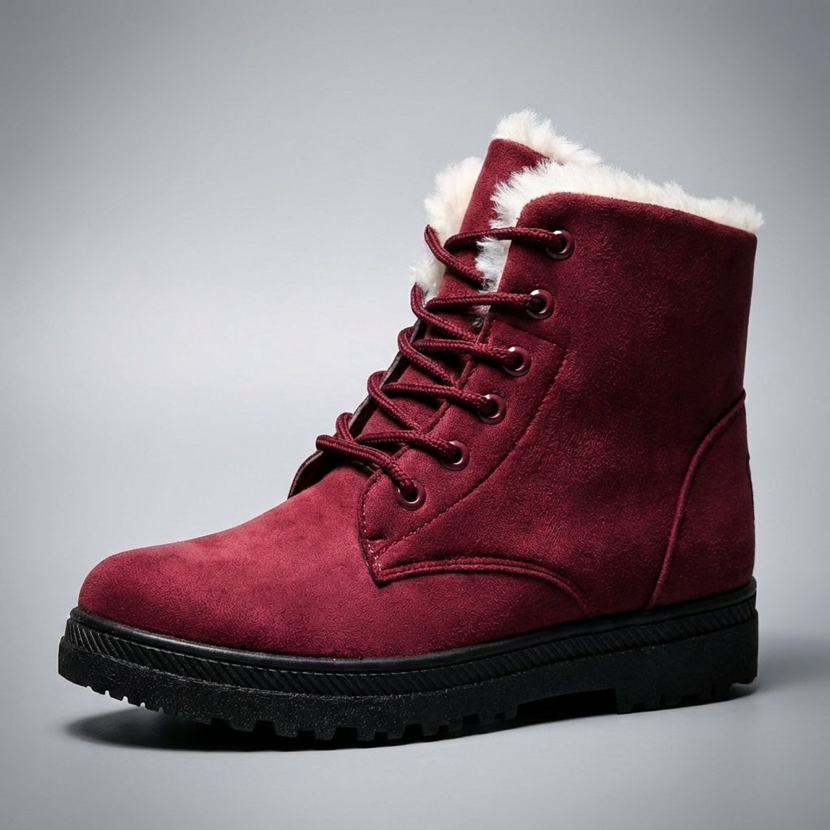 Women's Fur-Lined Lace-Up Suede Ankle Boots - Red