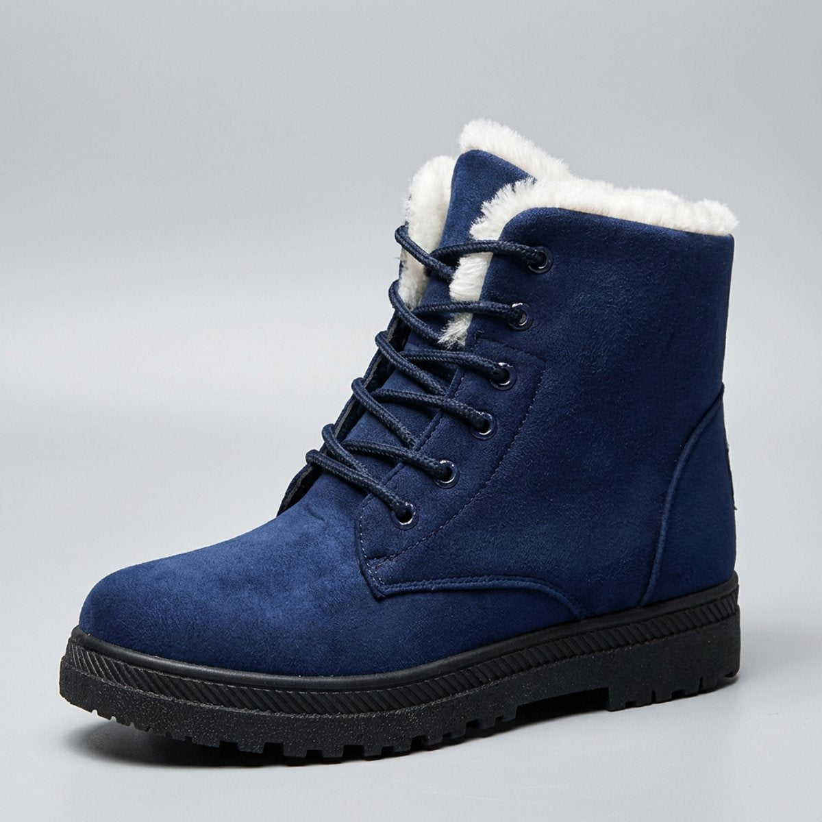 Women's Fur-Lined Lace-Up Suede Ankle Boots - Blue