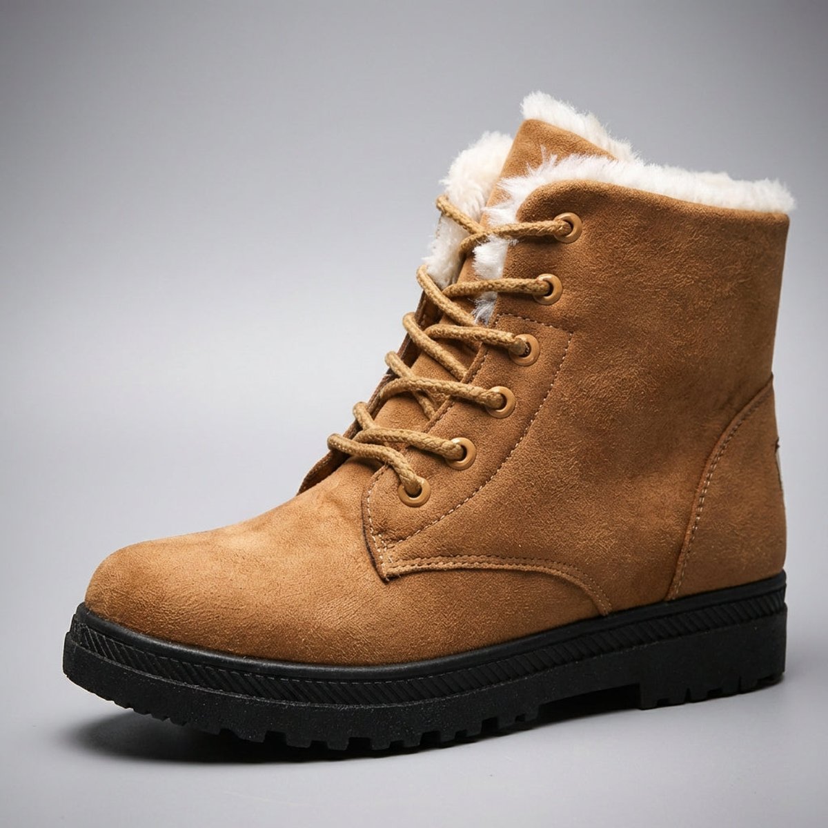 Women's Fur-Lined Lace-Up Suede Ankle Boots - Brown