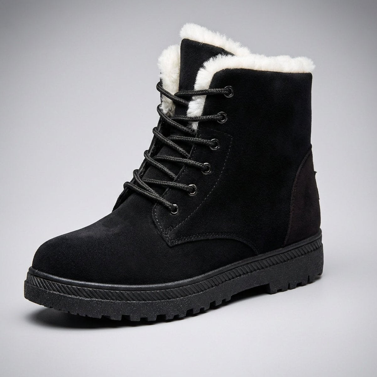Women's Fur-Lined Lace-Up Suede Ankle Boots - Black
