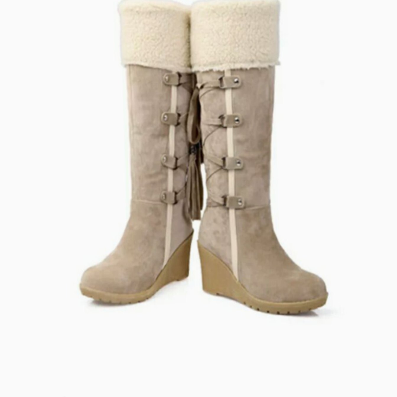 Women's Fur-Trim Wedge-Heel Knee-High Winter Boots