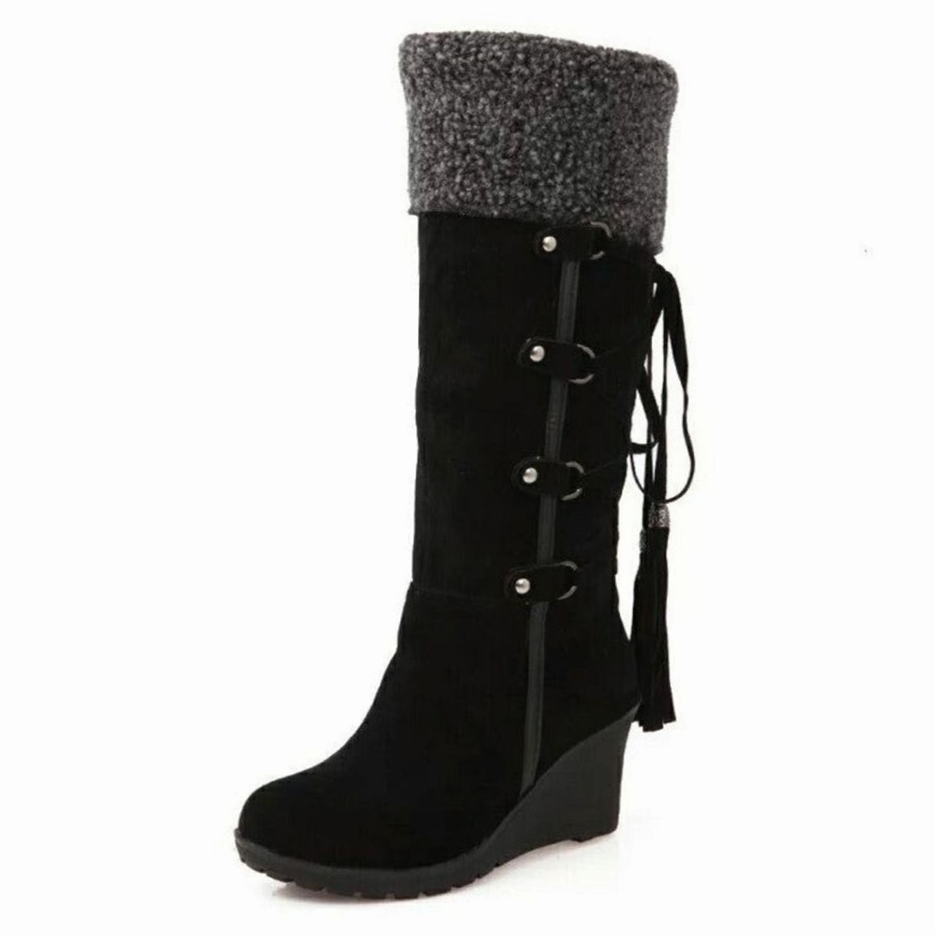 Women's Fur-Trim Wedge-Heel Knee-High Winter Boots - Black