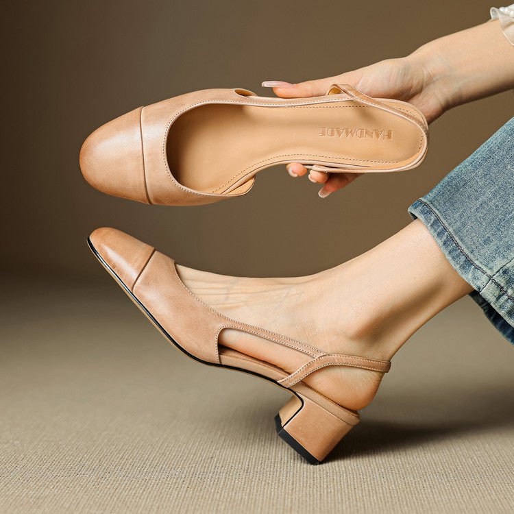 Women's Genuine Leather Almond-Toe Slingback Block-Heel Pumps - Apricot