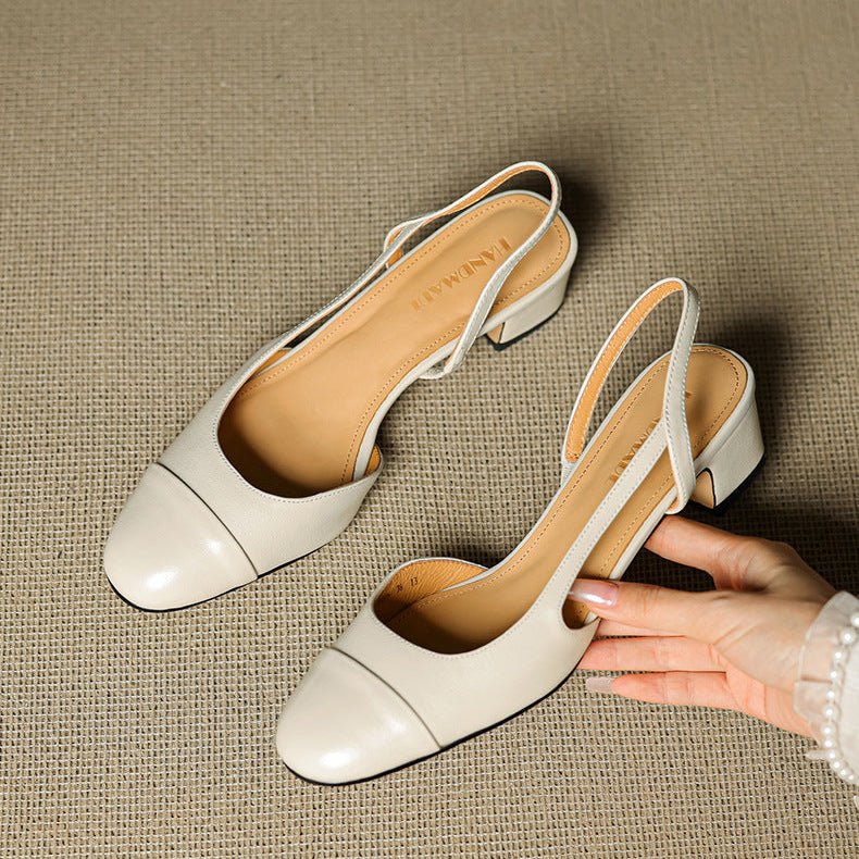 Women's Genuine Leather Almond-Toe Slingback Block-Heel Pumps