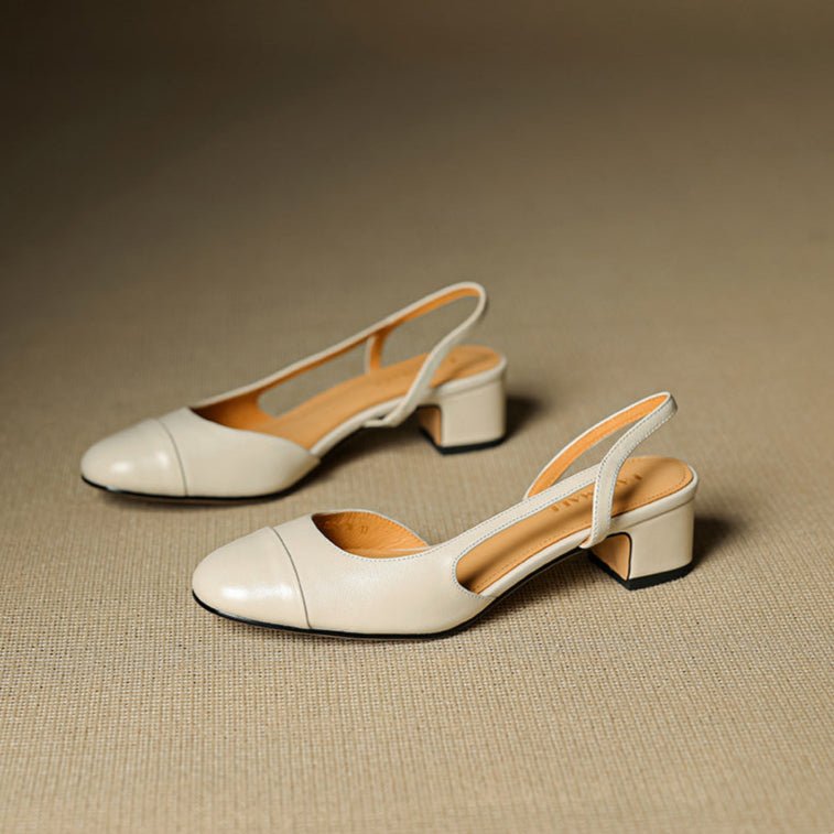 Women's Genuine Leather Almond-Toe Slingback Block-Heel Pumps