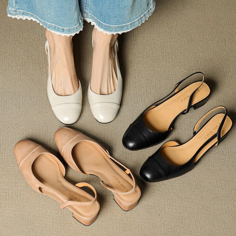 Women's Genuine Leather Almond-Toe Slingback Block-Heel Pumps