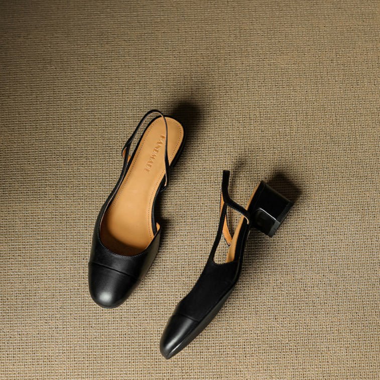 Women's Genuine Leather Almond-Toe Slingback Block-Heel Pumps