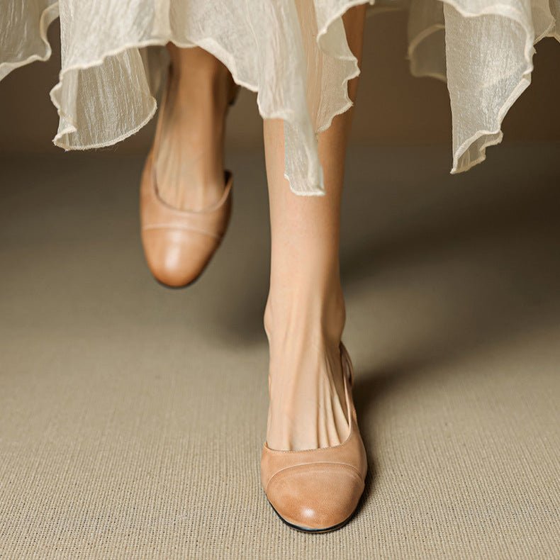 Women's Genuine Leather Almond-Toe Slingback Block-Heel Pumps