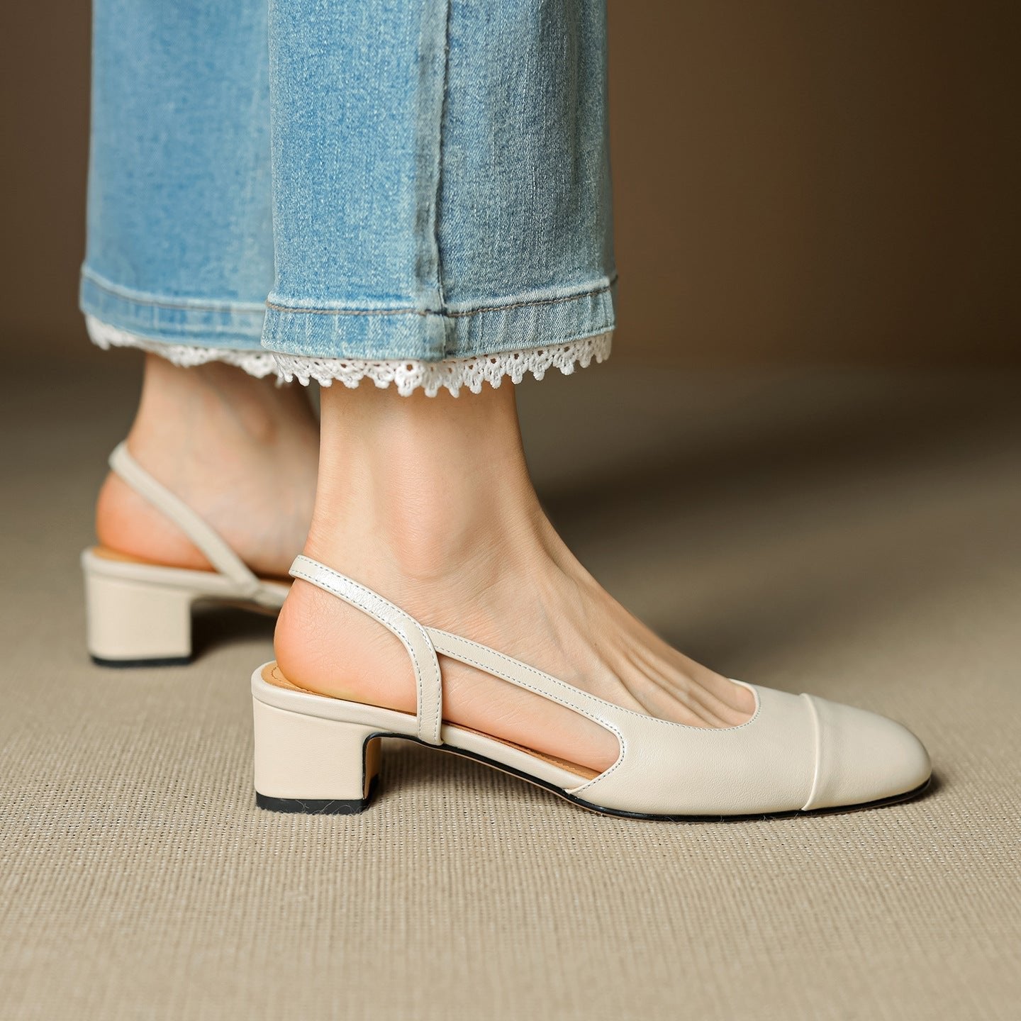 Women's Genuine Leather Almond-Toe Slingback Block-Heel Pumps