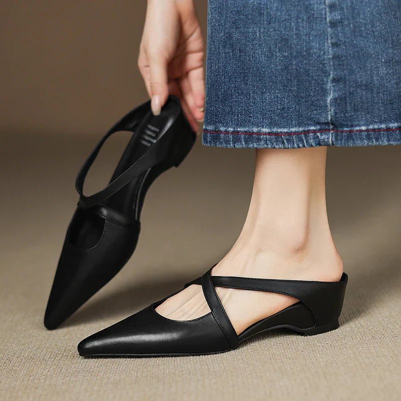 Women's Genuine Leather Cross-Strap Pointed-Toe Mules - Black