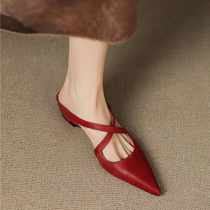 Women's Genuine Leather Cross-Strap Pointed-Toe Mules
