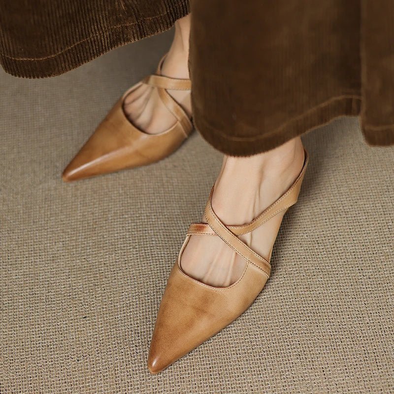 Women's Genuine Leather Cross-Strap Pointed-Toe Mules