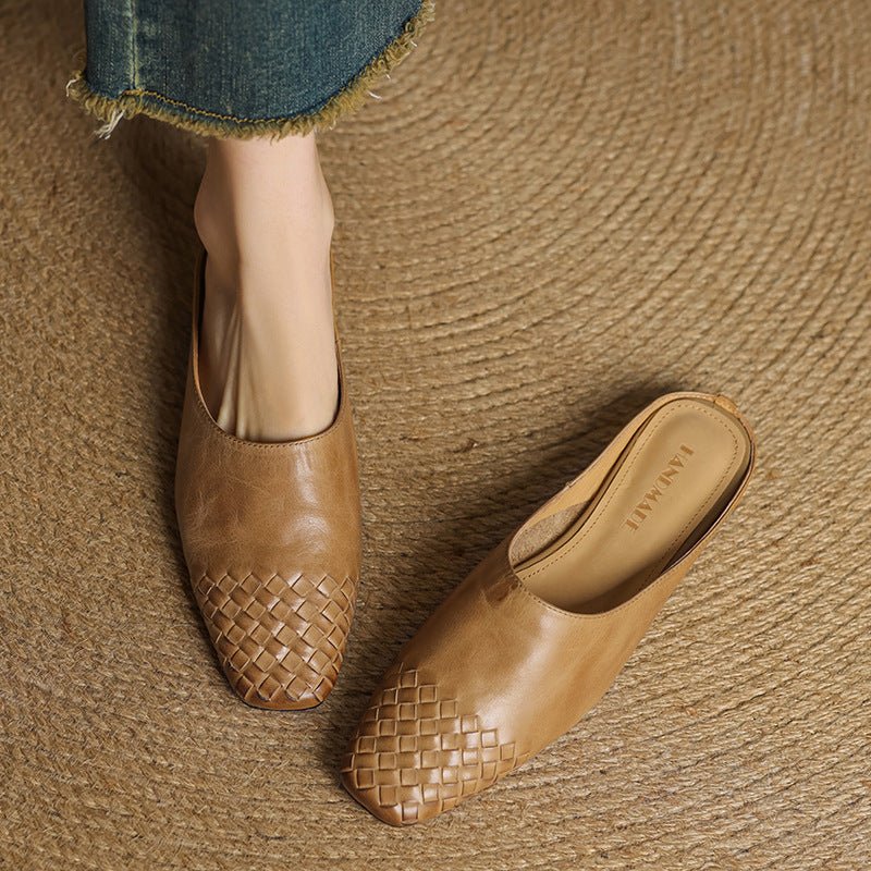 Women's Genuine Leather Woven-Toe Square-Toe Slip-On Mules