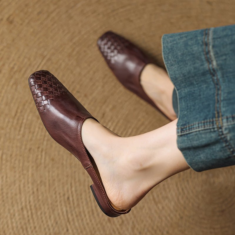 Women's Genuine Leather Woven-Toe Square-Toe Slip-On Mules