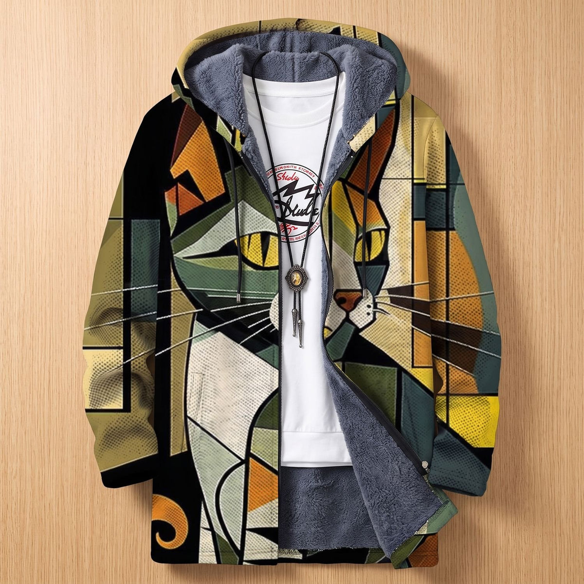 Women's Geometric Cat Print Fleece-Lined Open Front Cardigan - Golden Cat